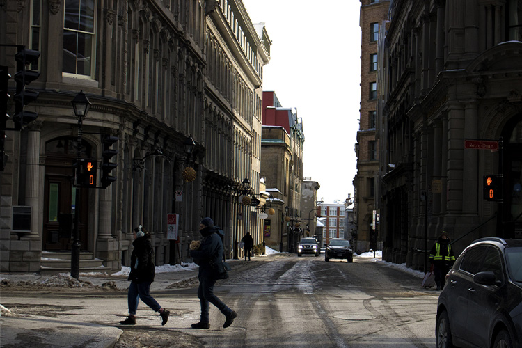 Pedestrians walking in Ville-Marie Old Montreal