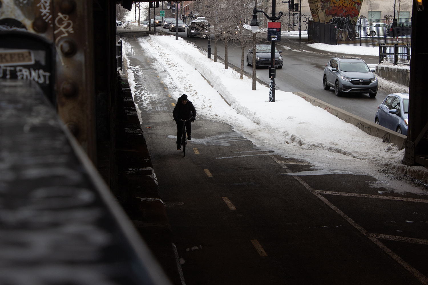 A cyclist uses a protected bike path.