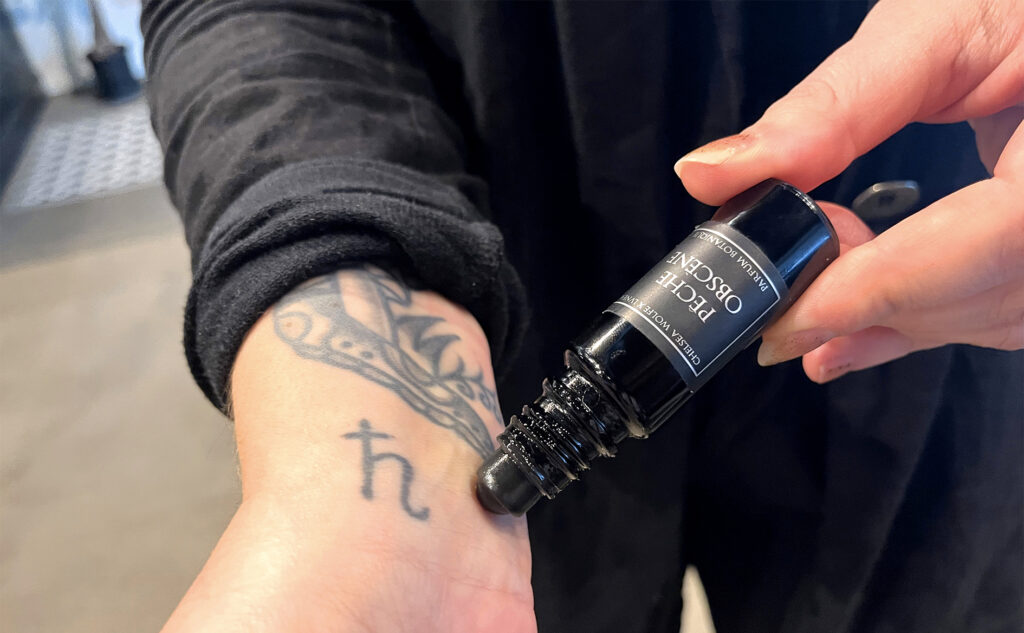 Lea’s putting on her wrist 