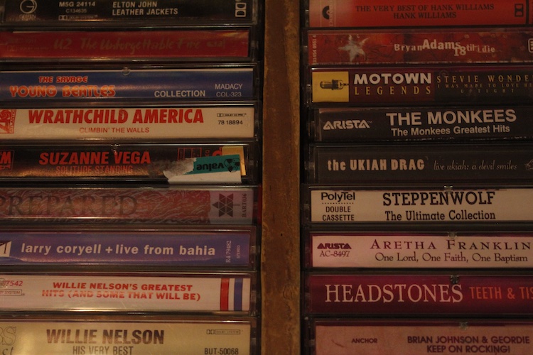 cassettes packed into a drawer. above view.