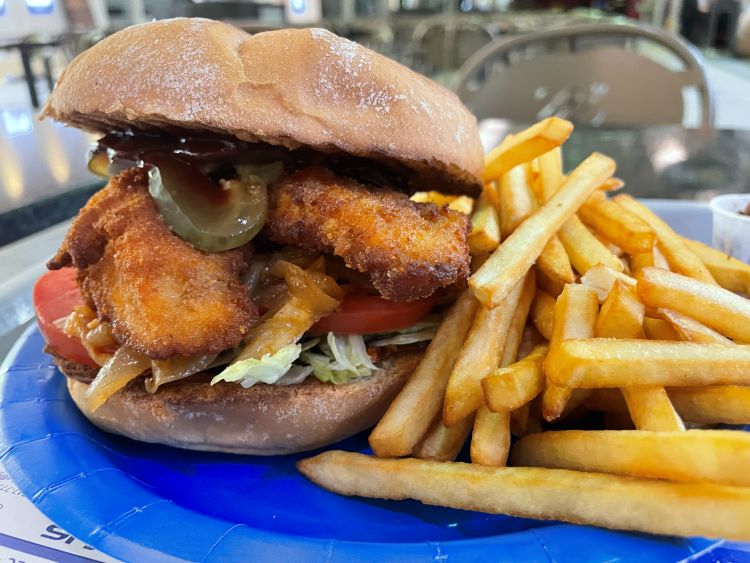 A chicken burger with fries